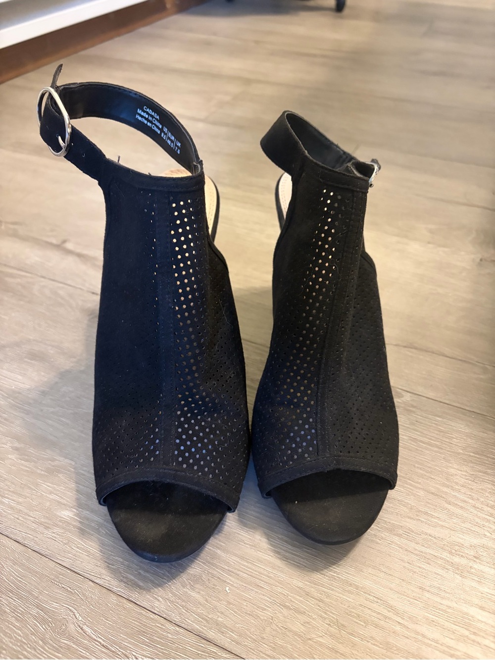 Kelly & Katie Black Perforated Peep-Toe Ankle Strap Heels